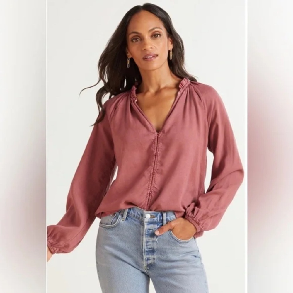 Cloth & Stone Anthropologie Ruffle Neck Blouse Burnt Rose Tencel Size Small